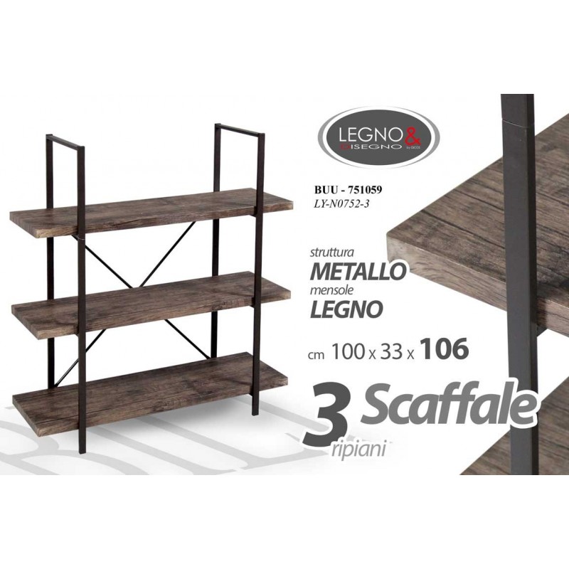 Scaffale stile urban 3 ripiani cm 100 x 33 x 106 h