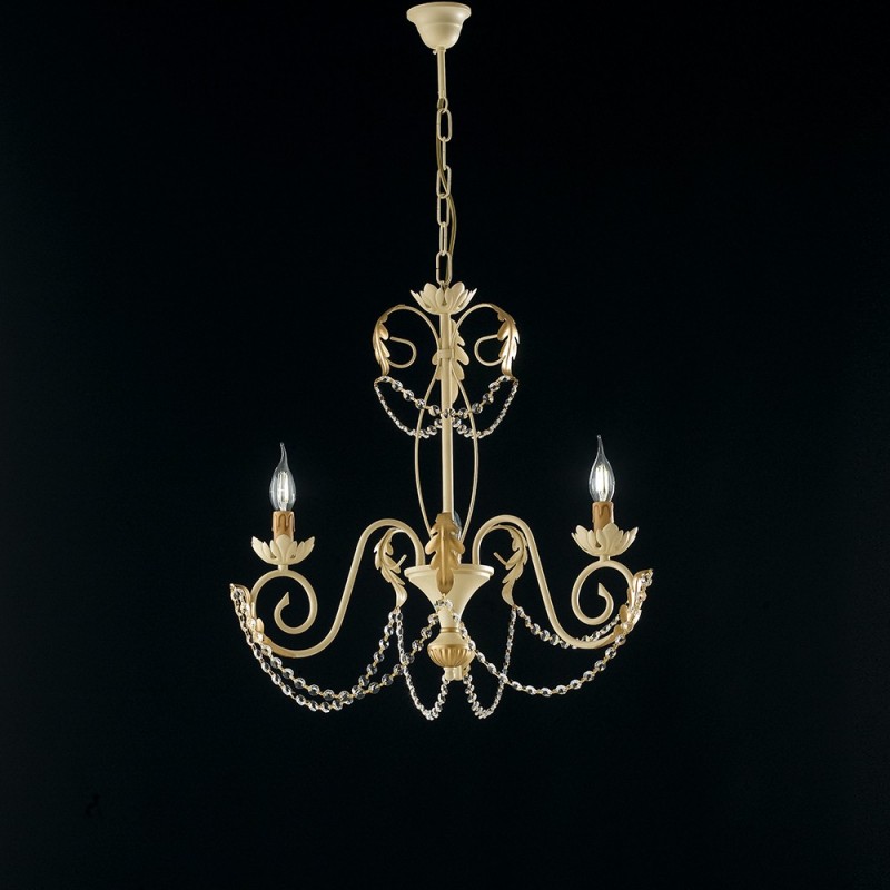 Image of Lampadario in ferro Avorio Decape Oro strass damasco tre luci 47x h60 cm