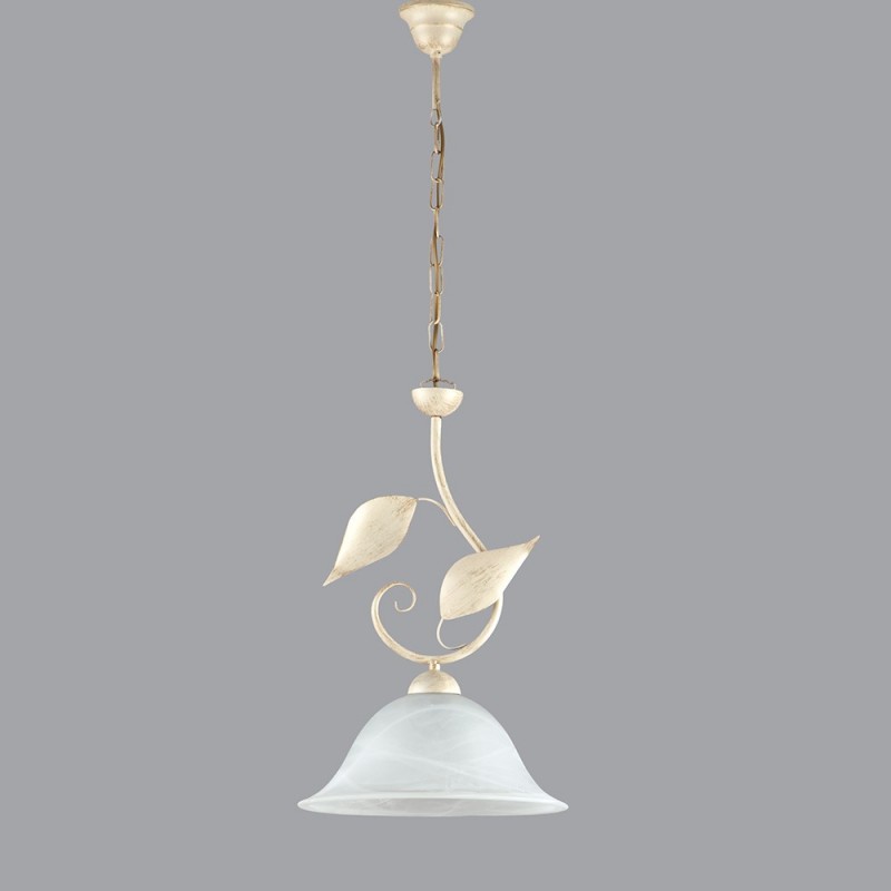 Image of Lampadario a sospensione in ferro Avorio Oro una luce vetri alabastro Bianco 30x h50 cm