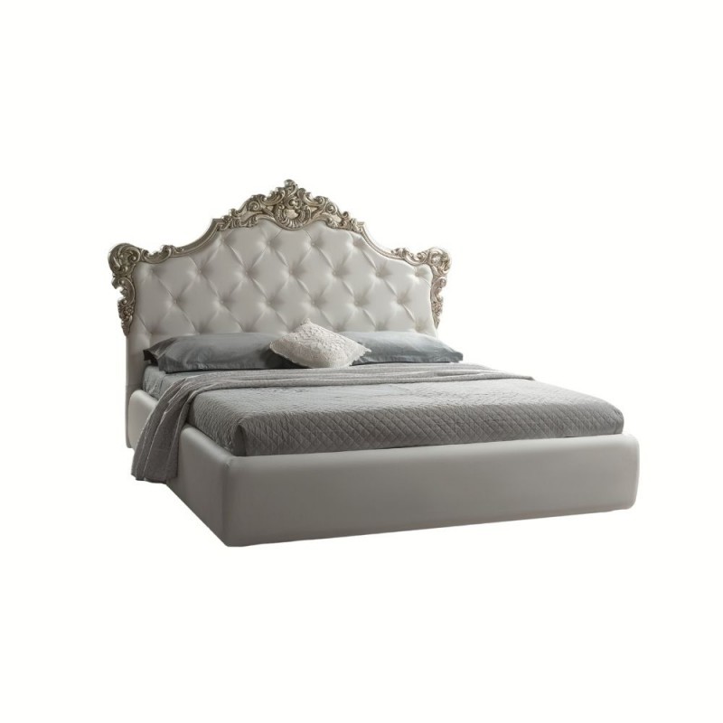 (6c) Letto barocco matrimoniale con contenitore in ecopelle SAVOIA Bianco Argento 194x209x h 140 cm