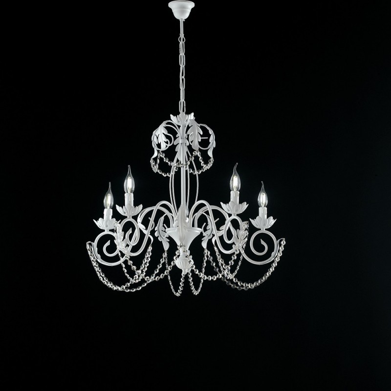 Image of Lampadario in ferro Bianco Shabby strass damasco cinque luci 63x h65 cm