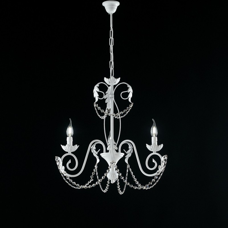 Image of Lampadario in ferro Bianco Shabby strass damasco tre luci 47x h60 cm