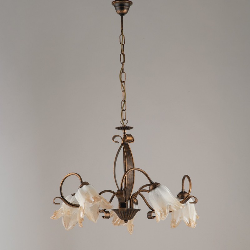 Image of Lampadario in ferro Marrone Oro cinque luci paralumi in vetro Bianco Ambra 64x h45 cm