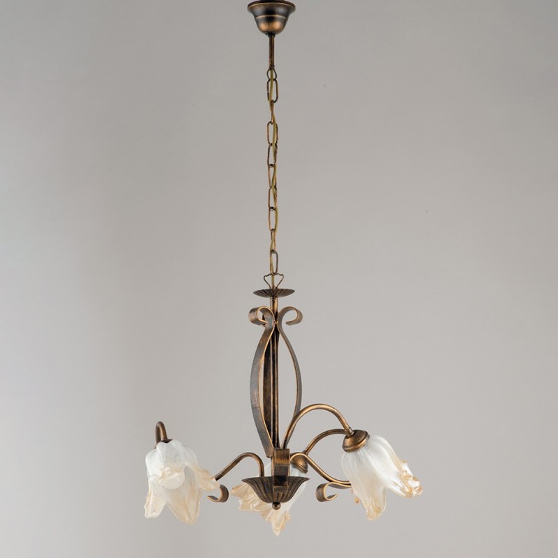 Image of Lampadario in ferro Marrone Oro tre luci paralumi in vetro Bianco Ambra 51x h43 cm