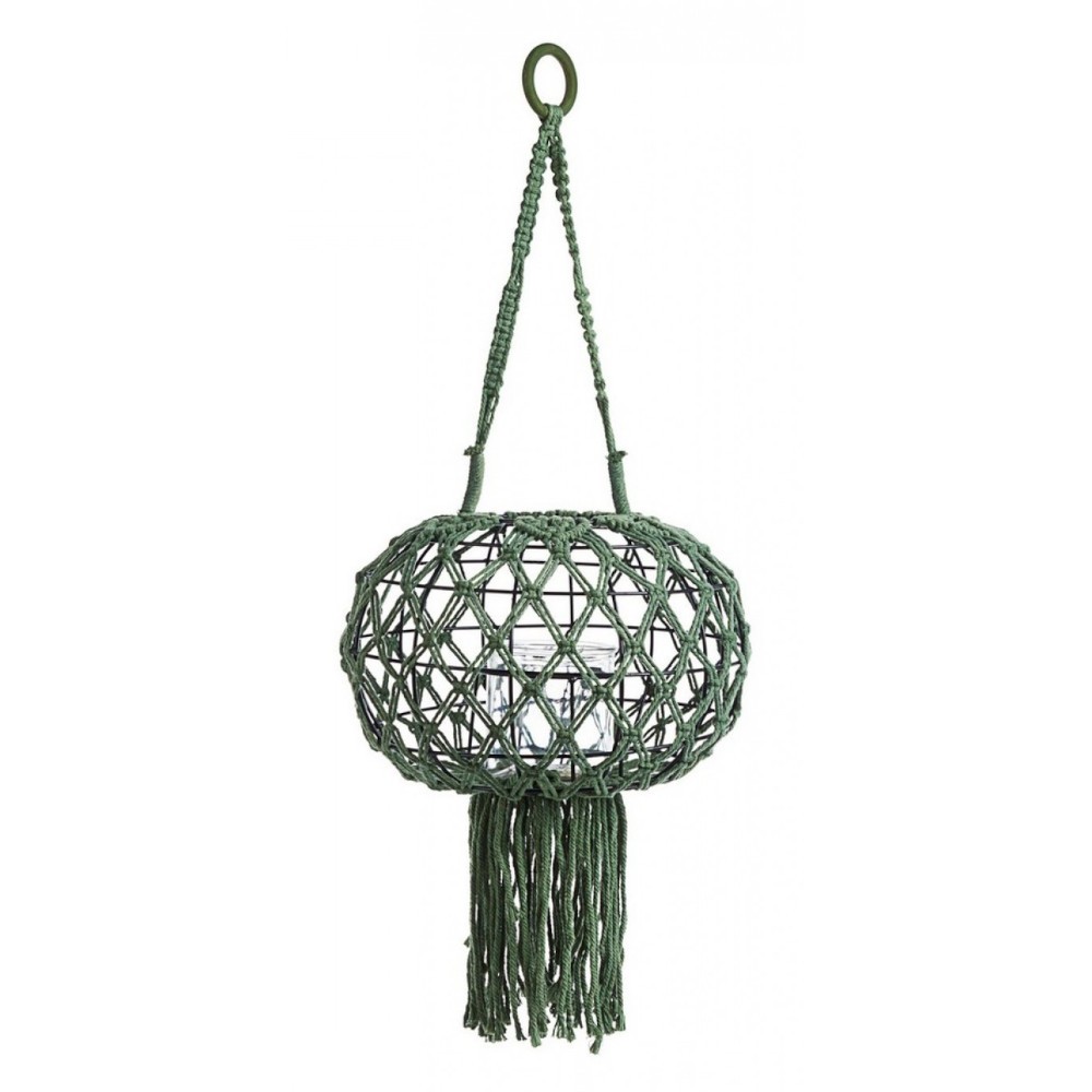 Image of Lanterna sospesa stile vintage realizzata in macrame, colore verde 70h cm